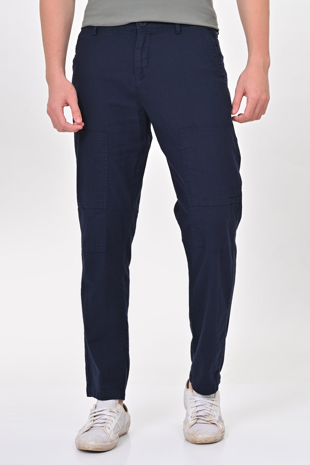 Men Ivory Linen Detailed Trouser Navy
