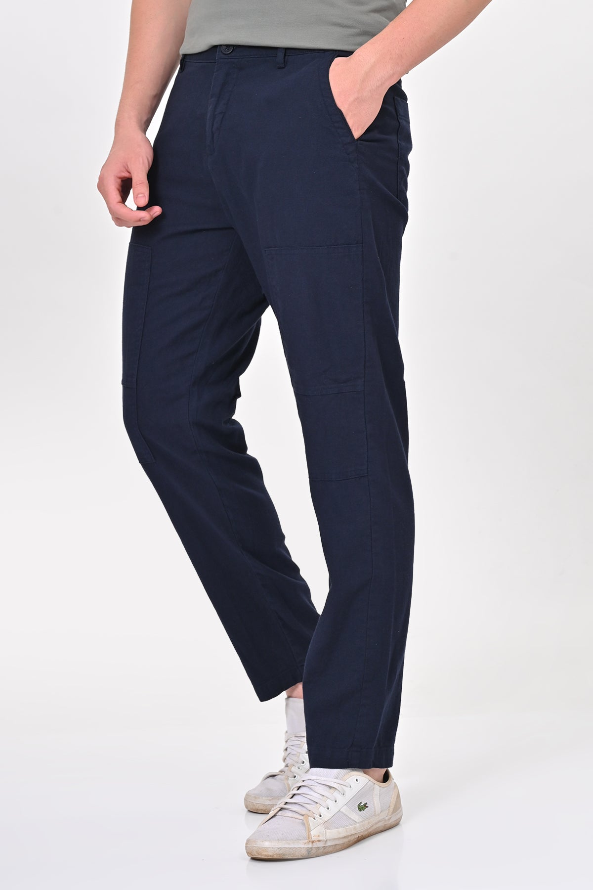 Men Ivory Linen Detailed Trouser Navy