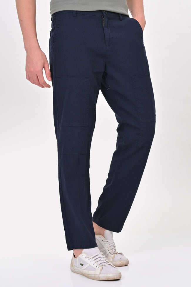 Men Ivory Linen Detailed Trouser Navy