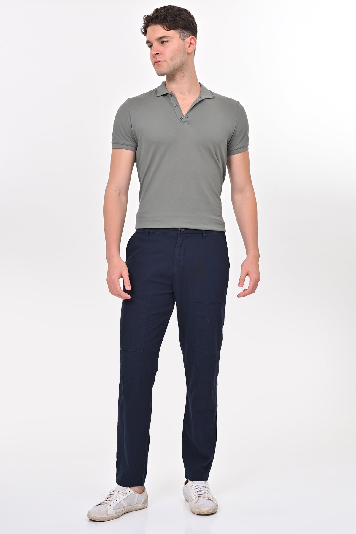 Men Ivory Linen Detailed Trouser Navy