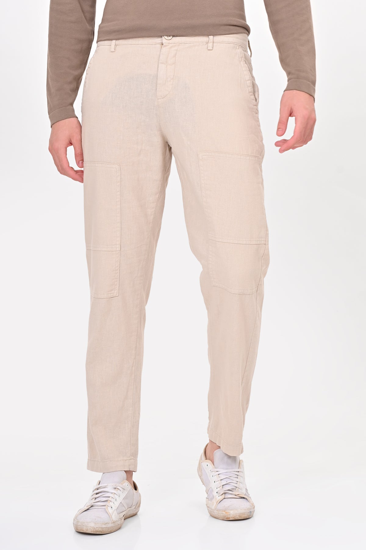 Men Ivory Linen Detailed Trouser Stone
