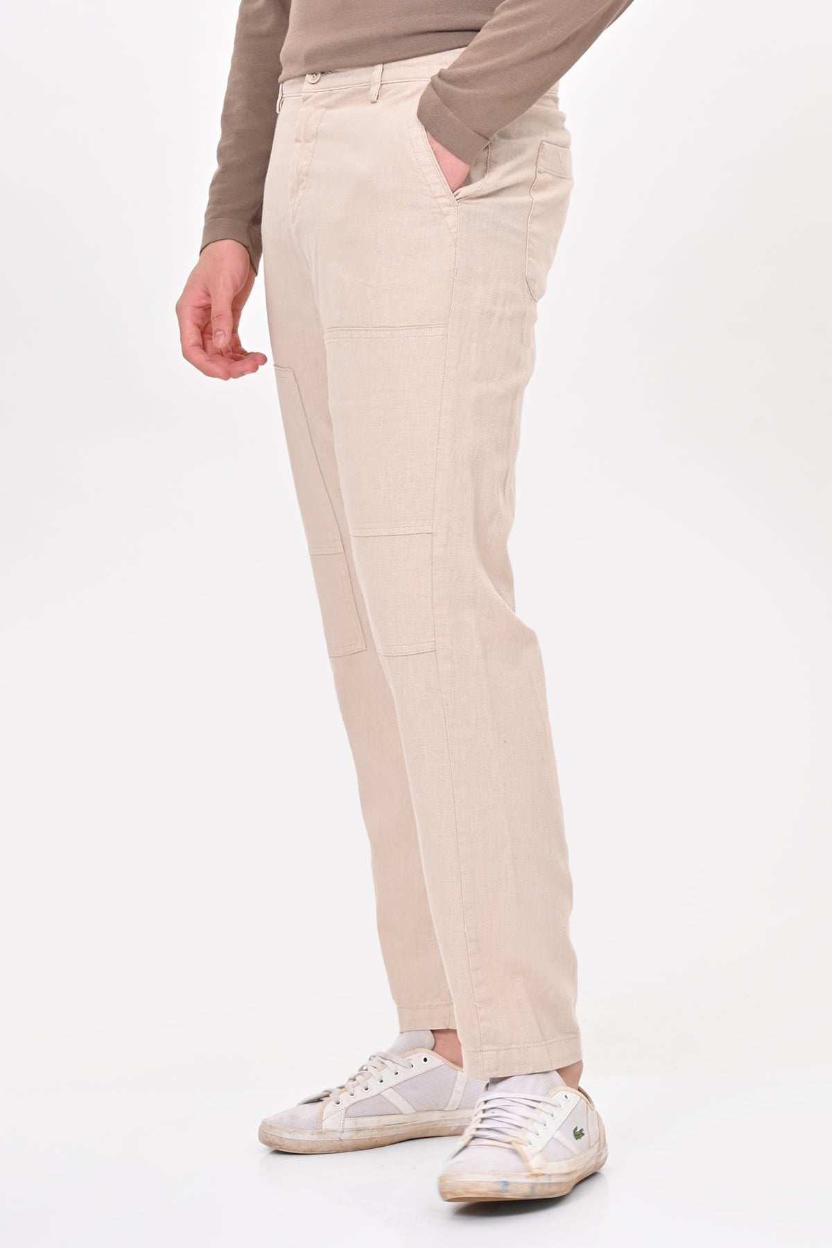 Men Ivory Linen Detailed Trouser Stone
