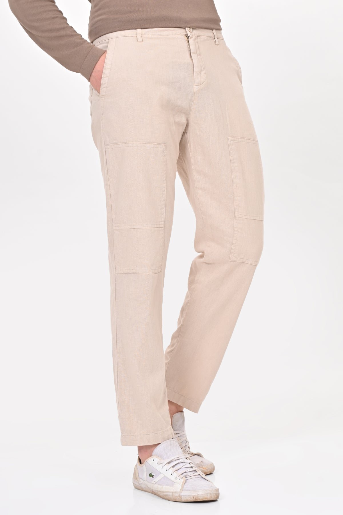 Men Ivory Linen Detailed Trouser Stone