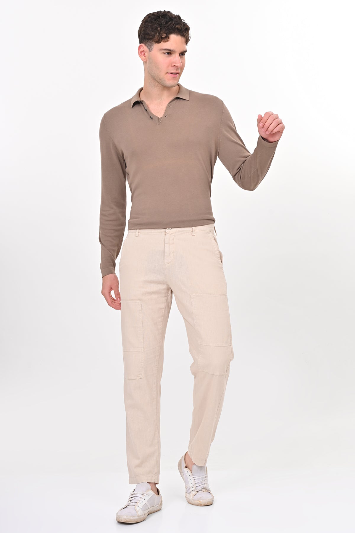 Men Ivory Linen Detailed Trouser Stone