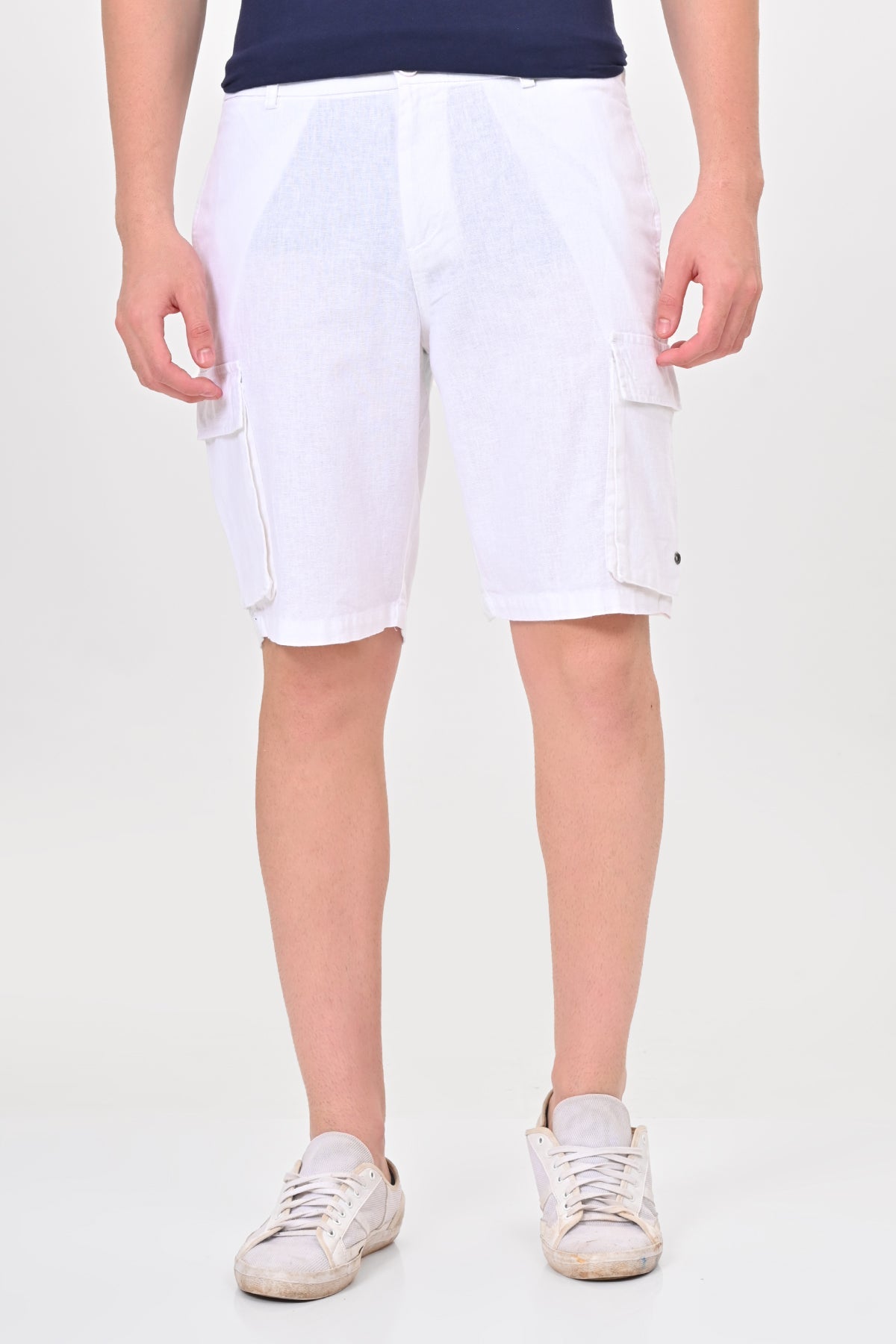Men Infra Cotton Linen Cargo Shorts White