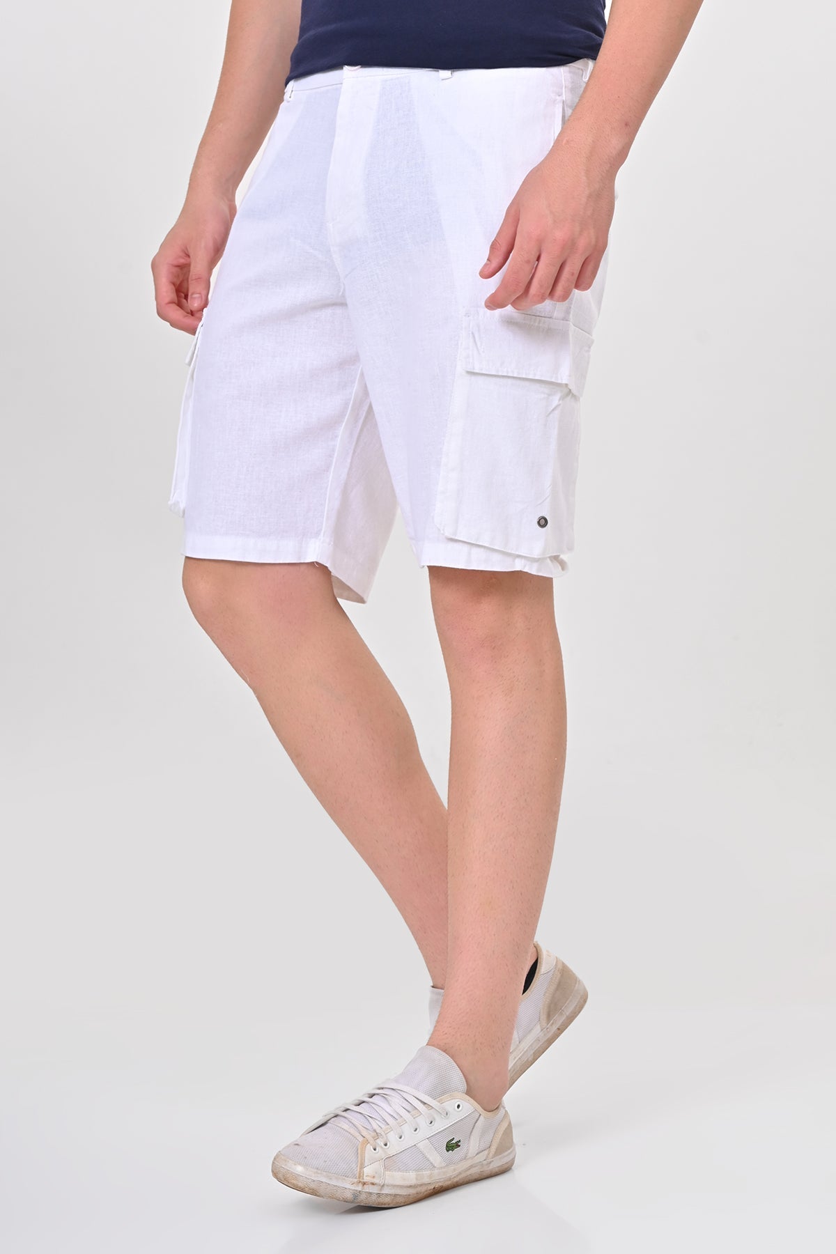 Men Infra Cotton Linen Cargo Shorts White
