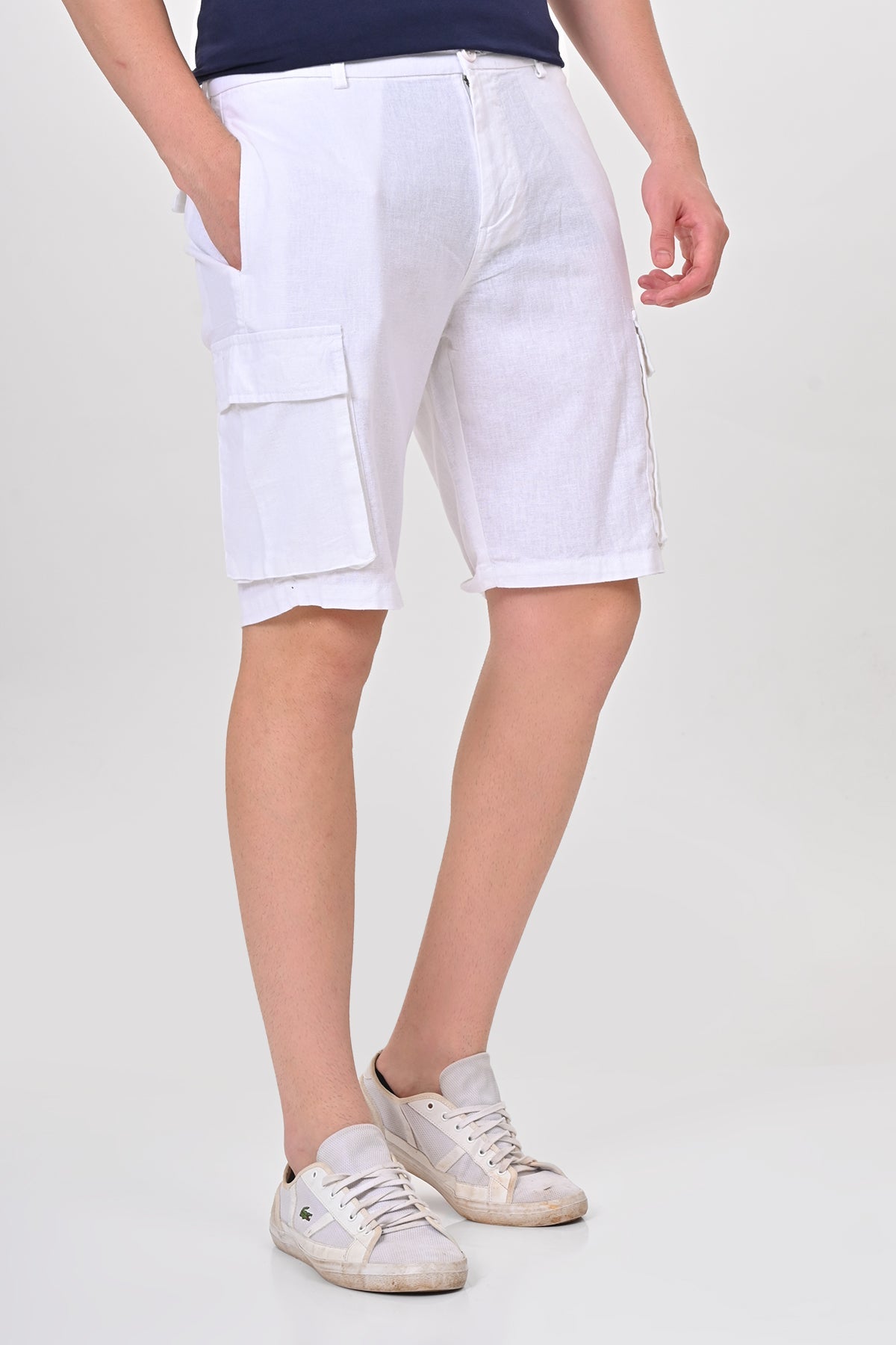 Men Infra Cotton Linen Cargo Shorts White
