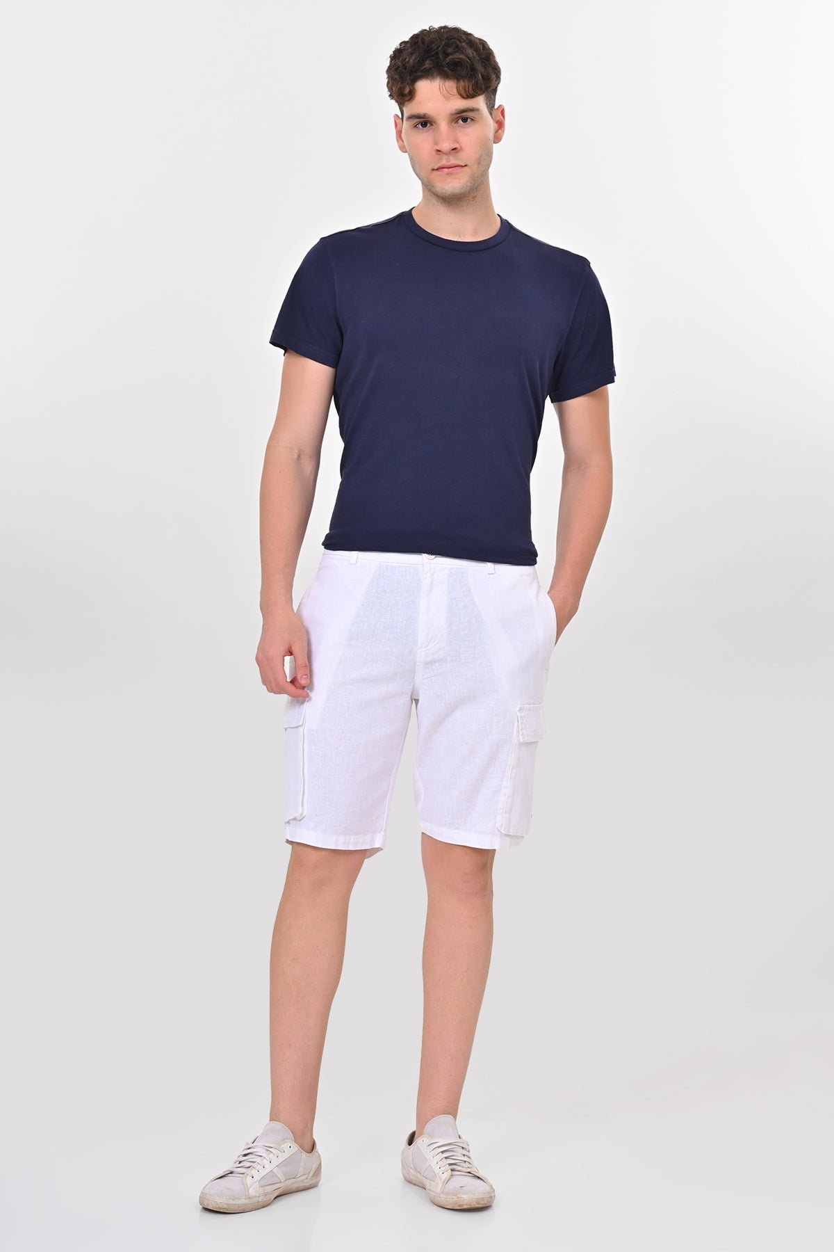 Men Infra Cotton Linen Cargo Shorts White