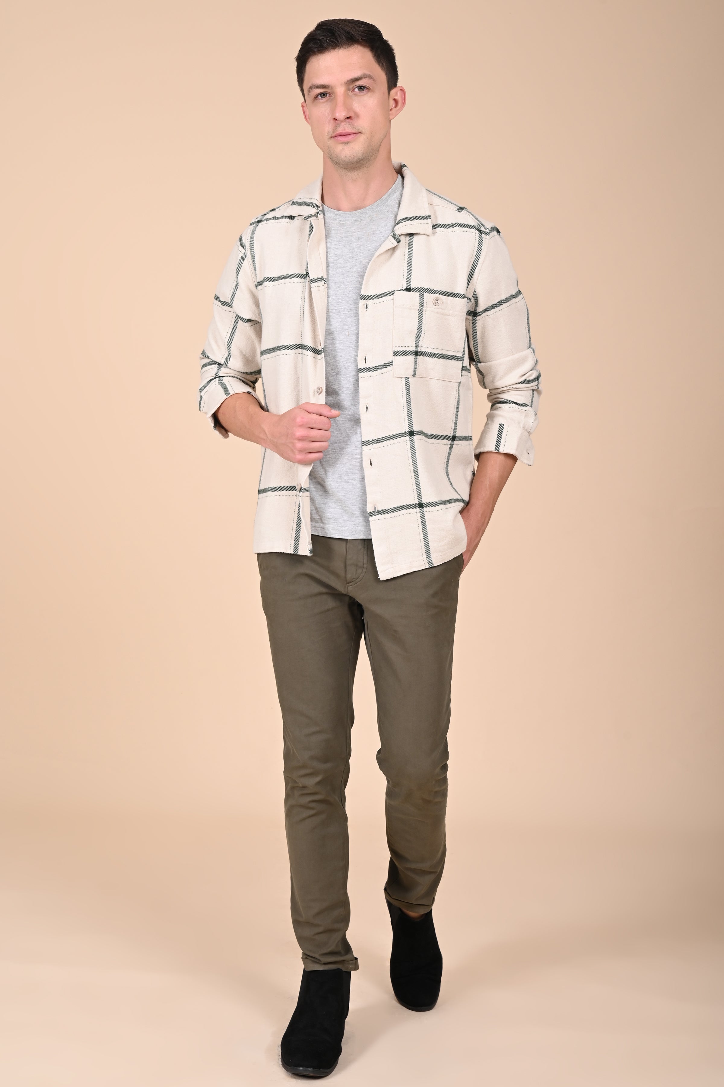 Men Brushed Checkered Overshirt