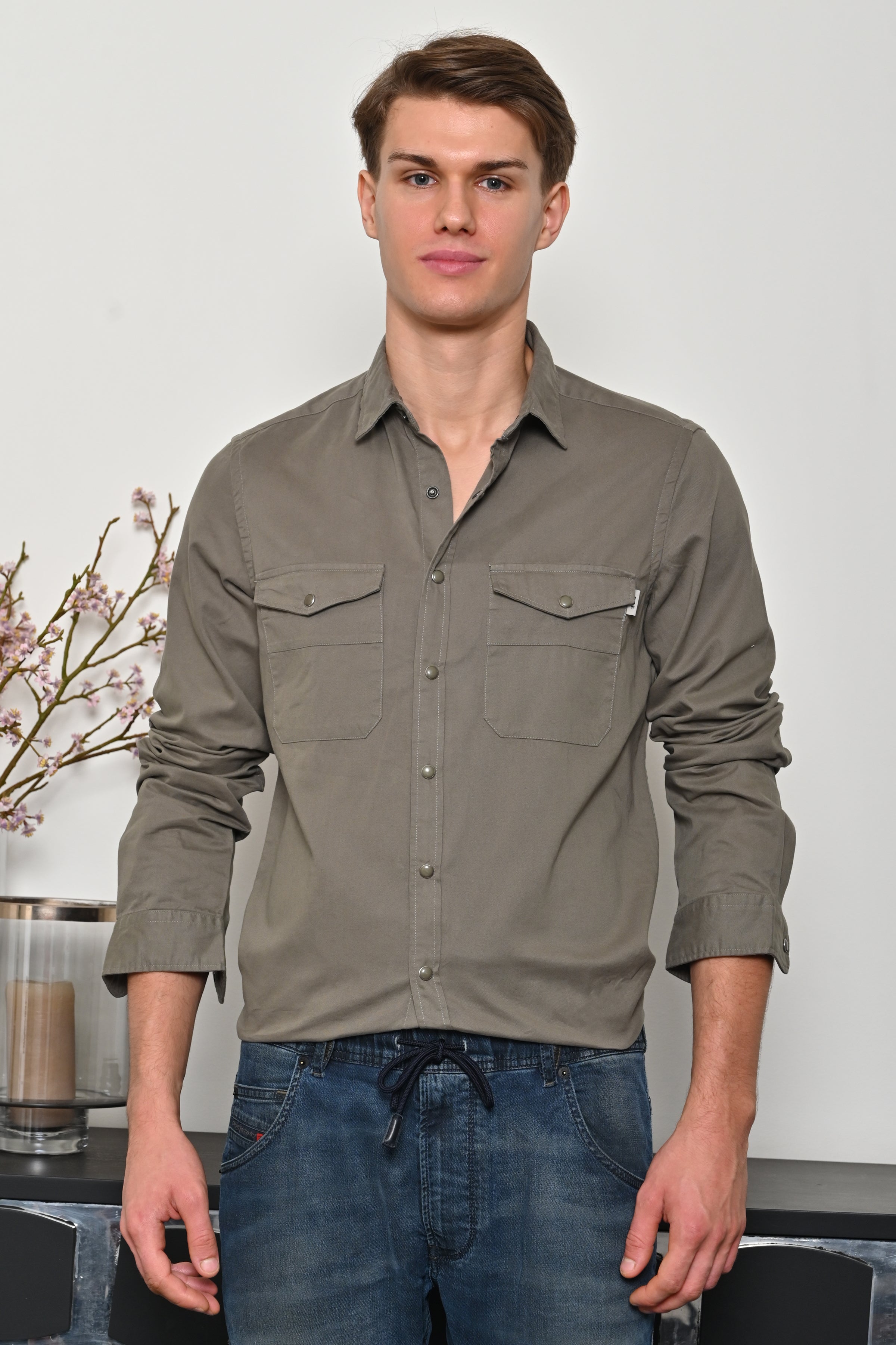 Men Cotton Pocketed Solid Shirt
