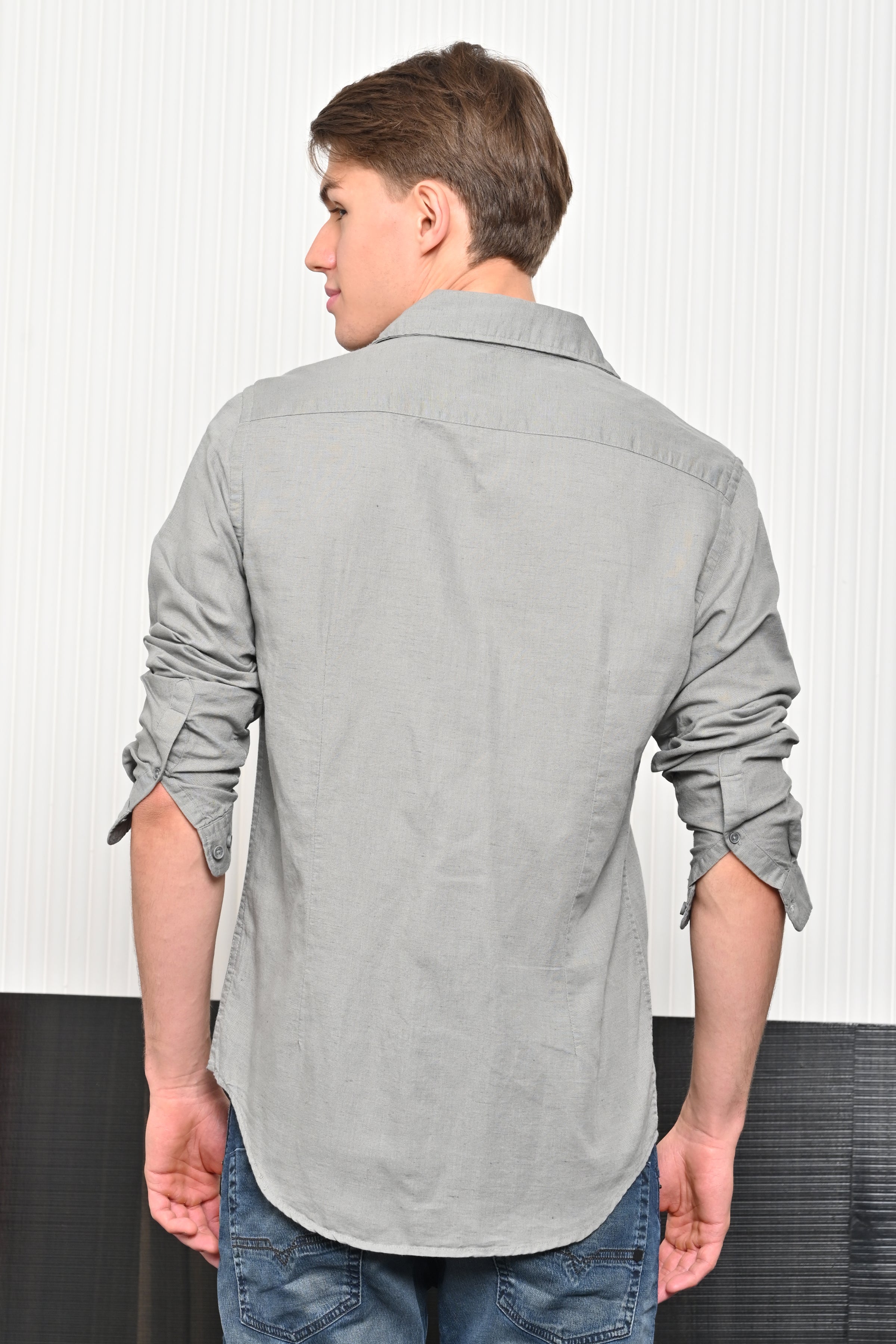 Men Turk Pocketed Cotton Linen Shirt Grey