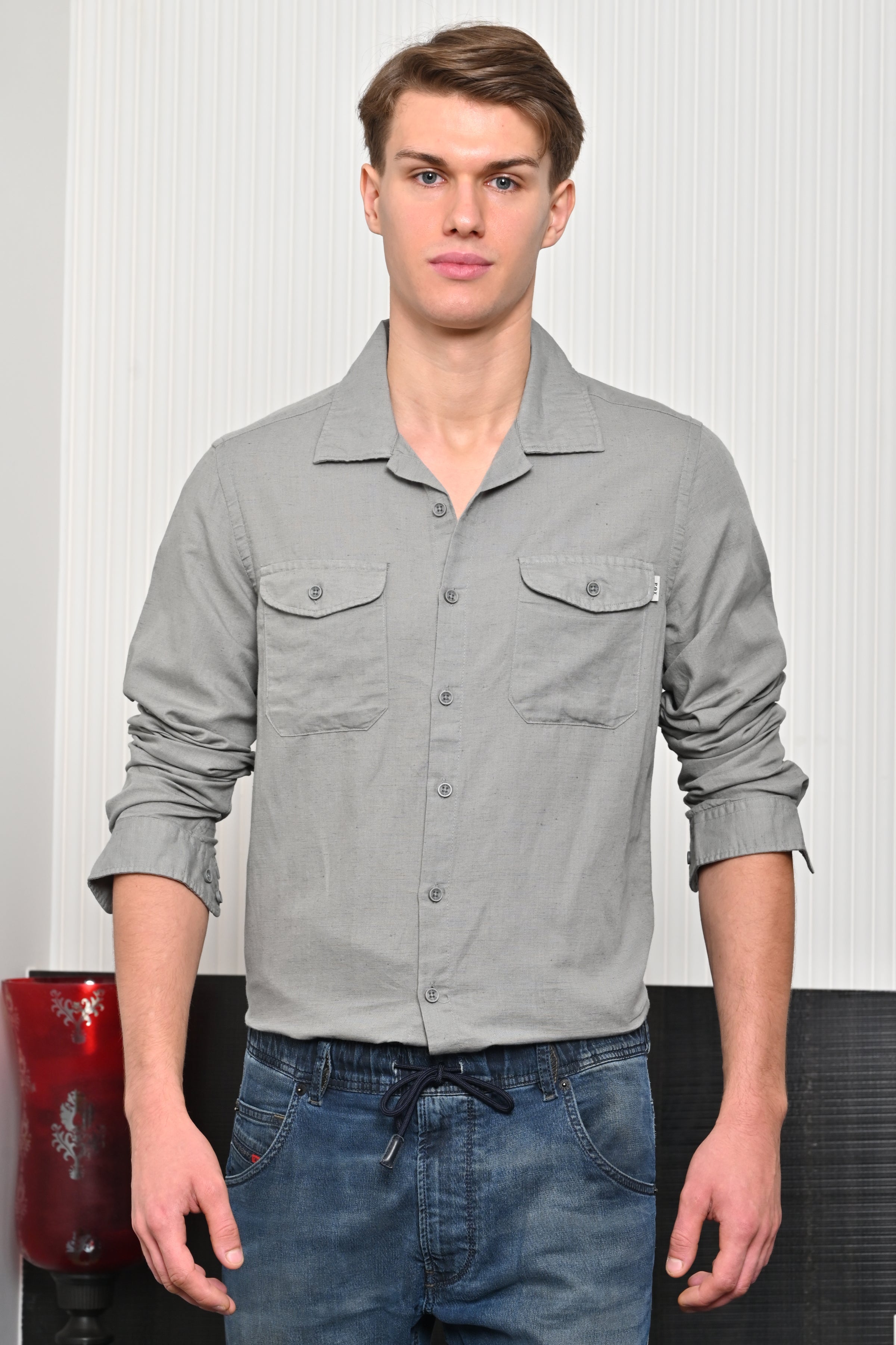 Men Turk Pocketed Cotton Linen Shirt Grey