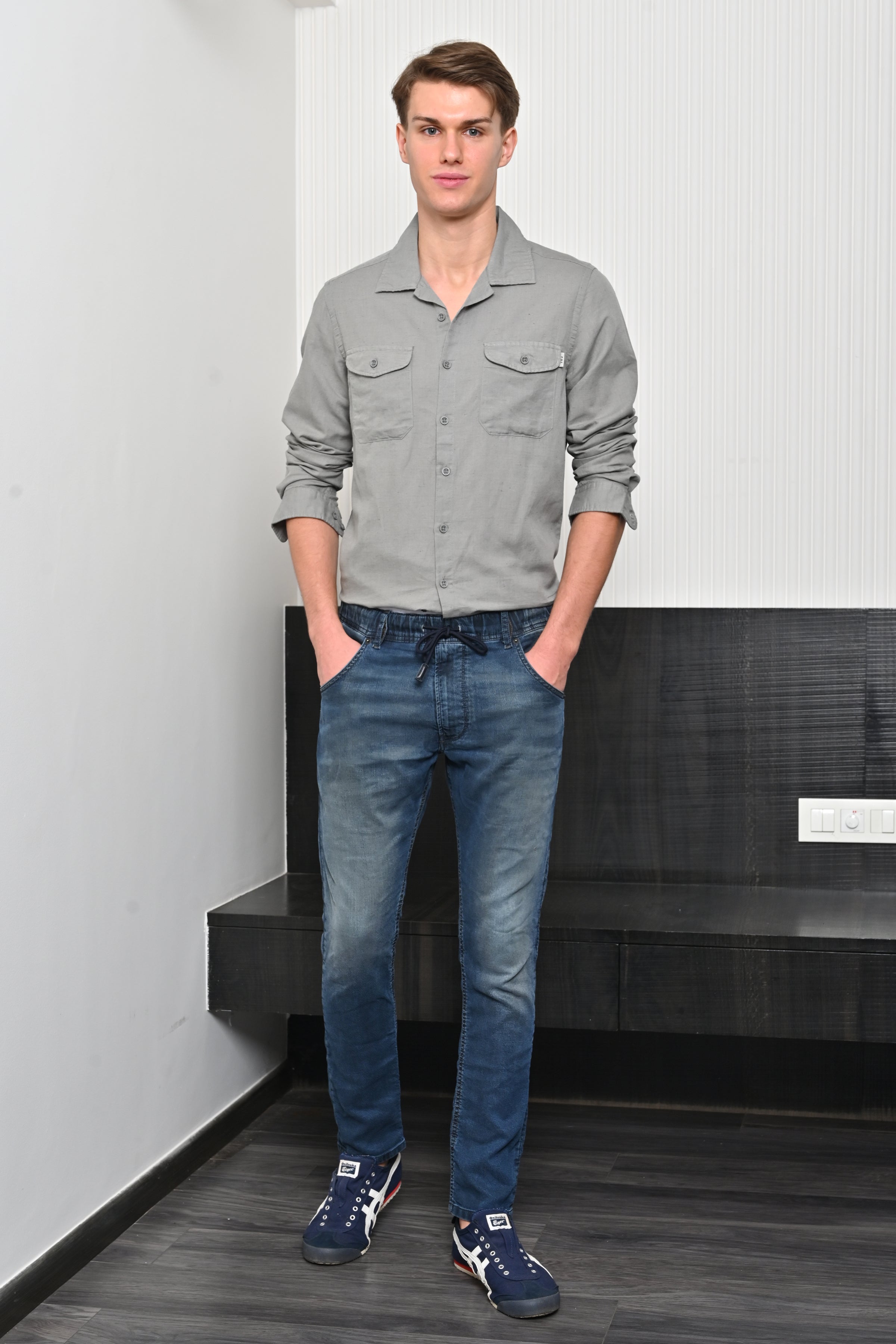 Men Turk Pocketed Cotton Linen Shirt Grey