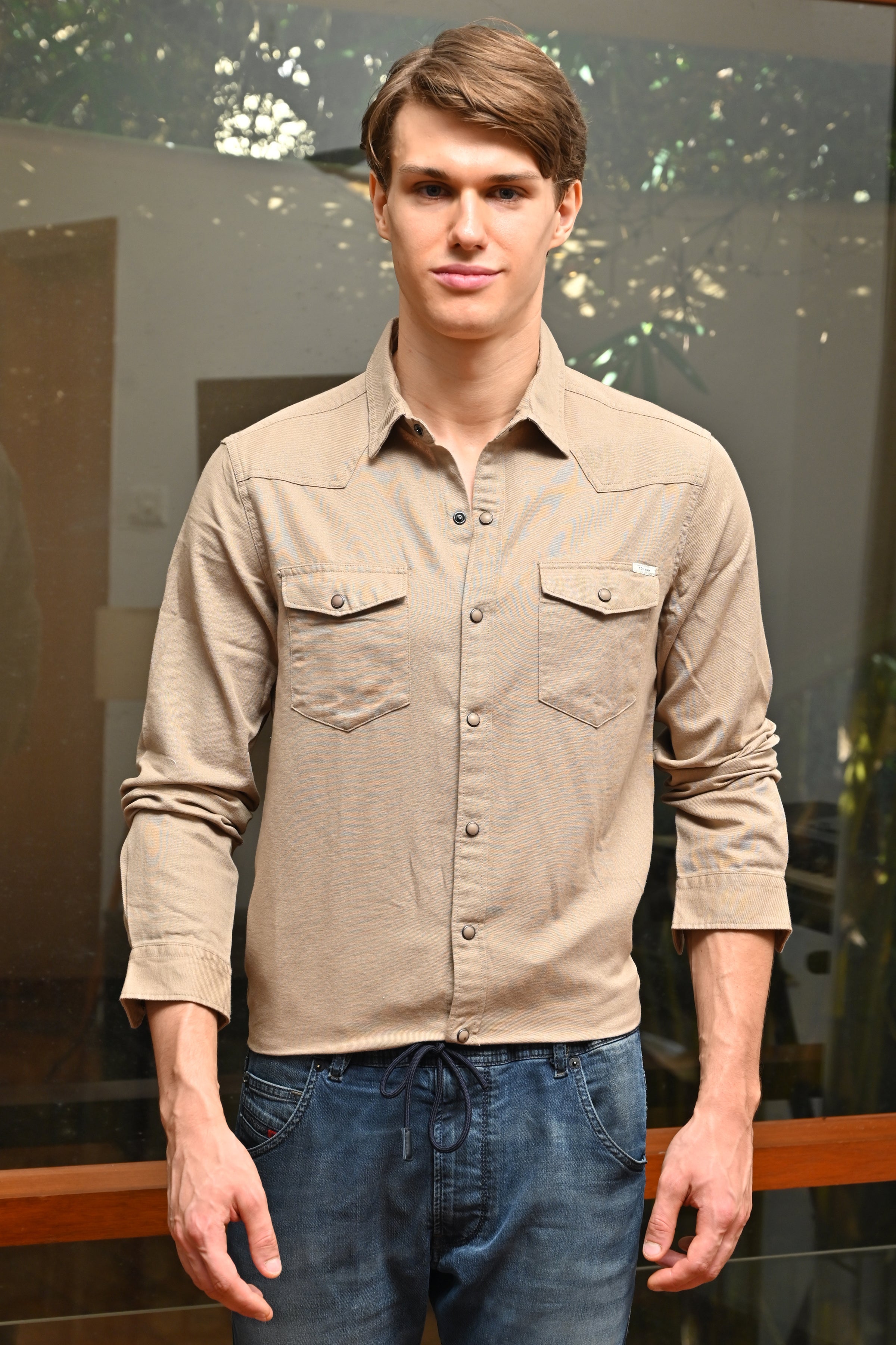 Men Cotton Pocketed Solid Shirt