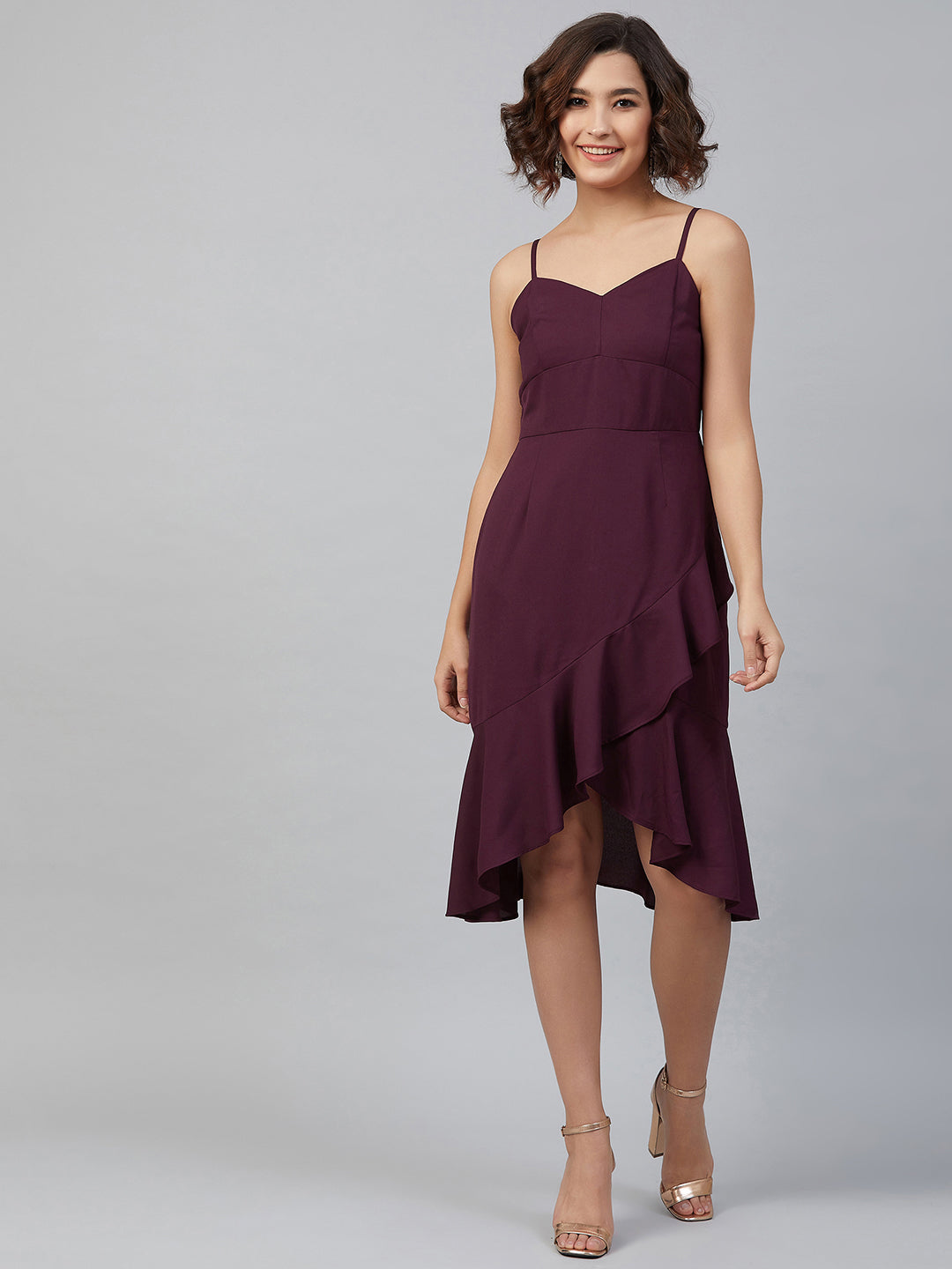 Purple Knee Length Solid Dress