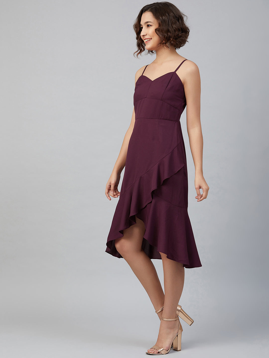 Purple Knee Length Solid Dress