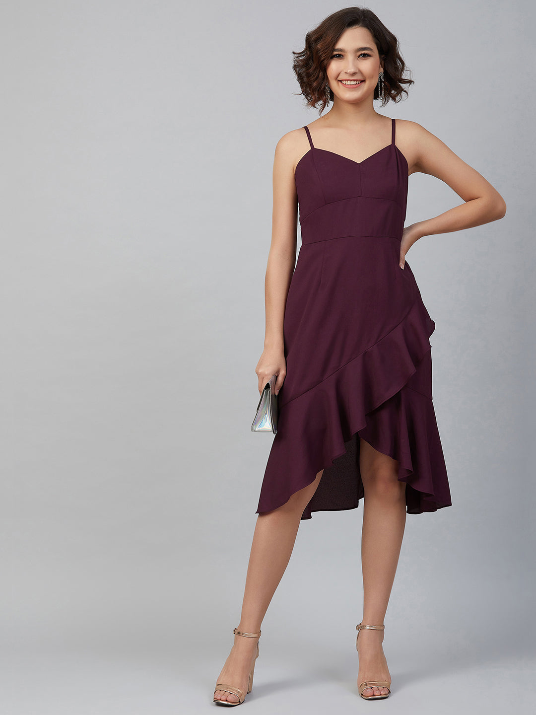 Purple Knee Length Solid Dress