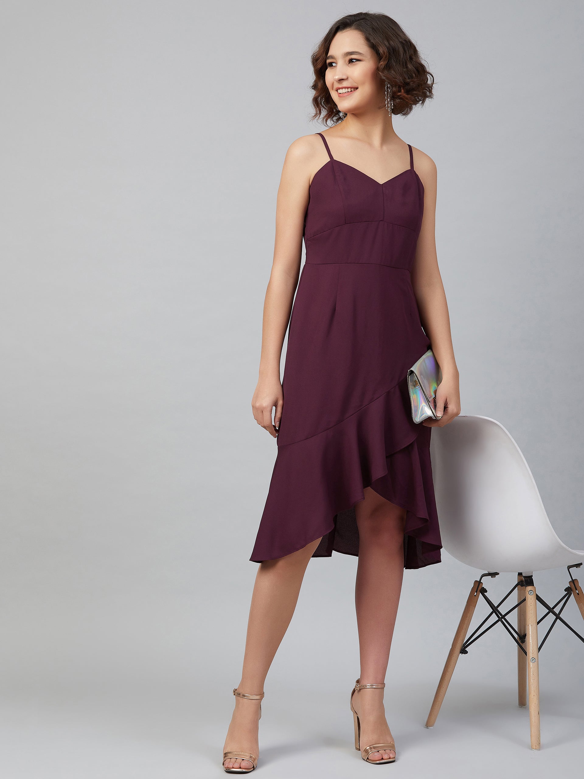 Purple Knee Length Solid Dress