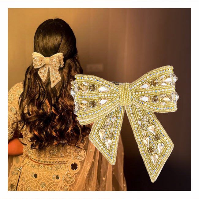 Gold Embellished Crystal Hair Bow Barrette Clip
