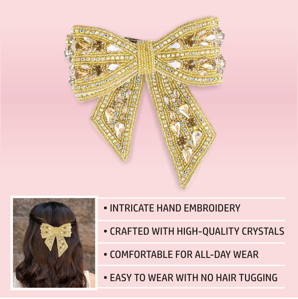 Gold Embellished Crystal Hair Bow Barrette Clip