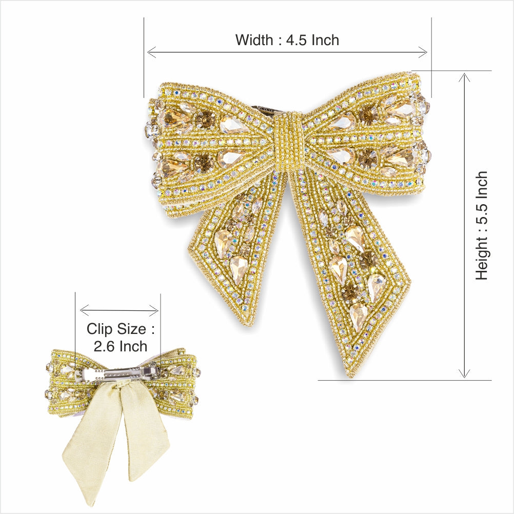 Gold Embellished Crystal Hair Bow Barrette Clip