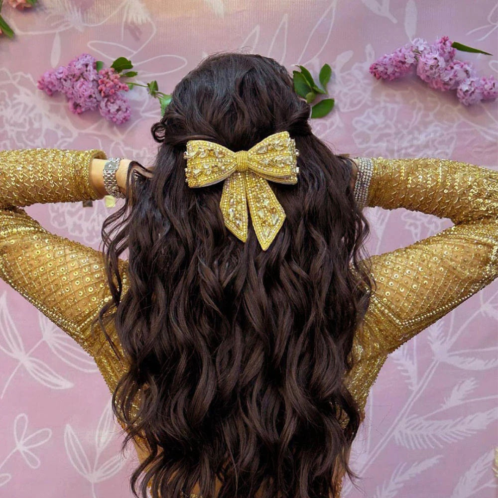 Gold Embellished Crystal Hair Bow Barrette Clip