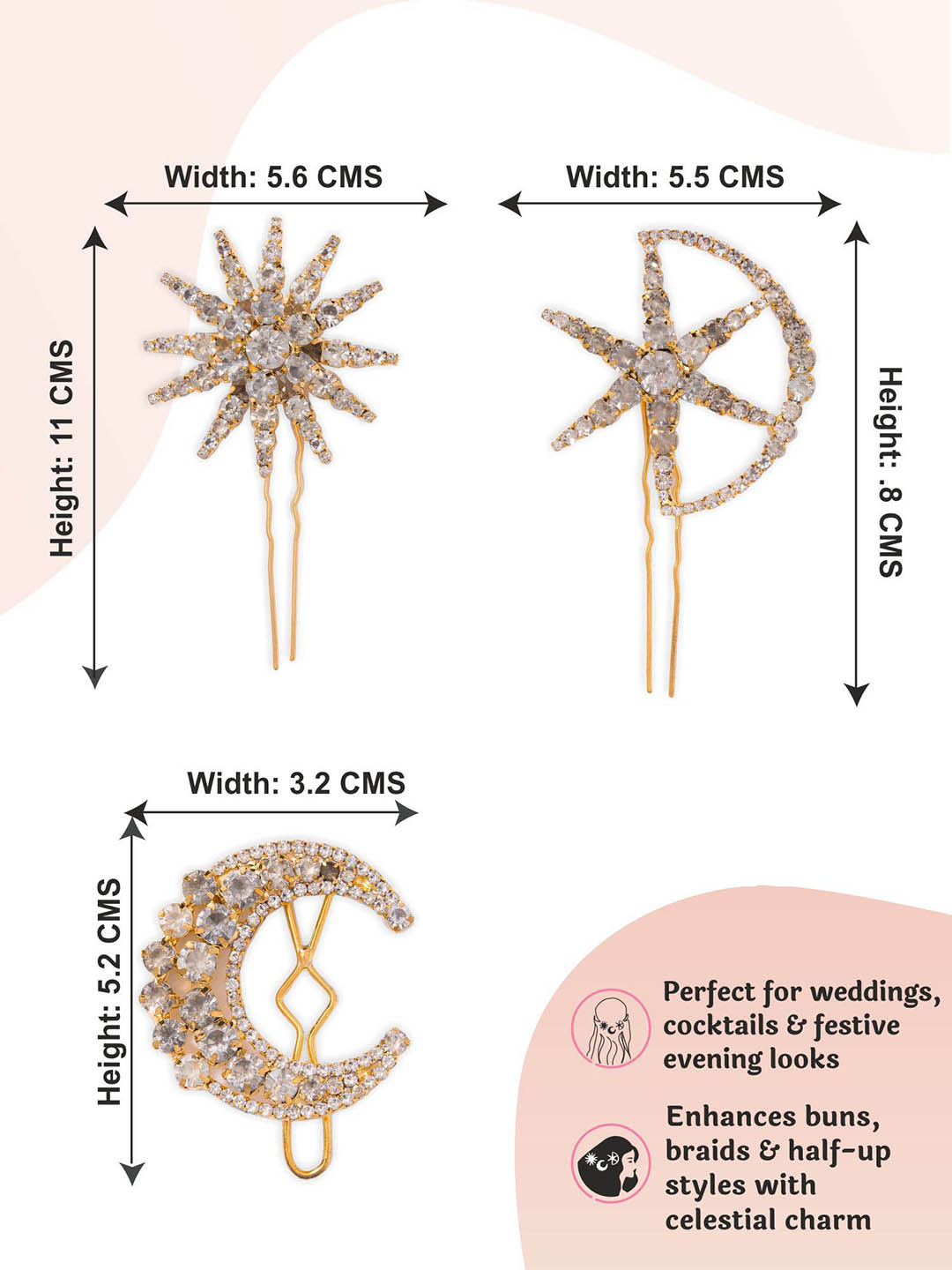 Women Rose Gold Set Of 3 Celestia Crystal Hair Pins