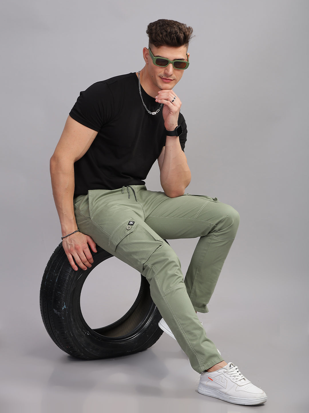 Men Aslant Green Cargo Pant
