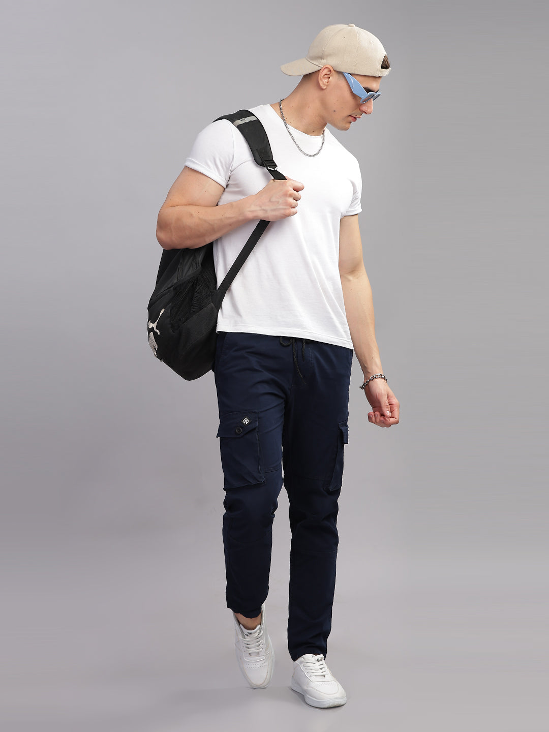 Men Aslant Navy Cargo Pant