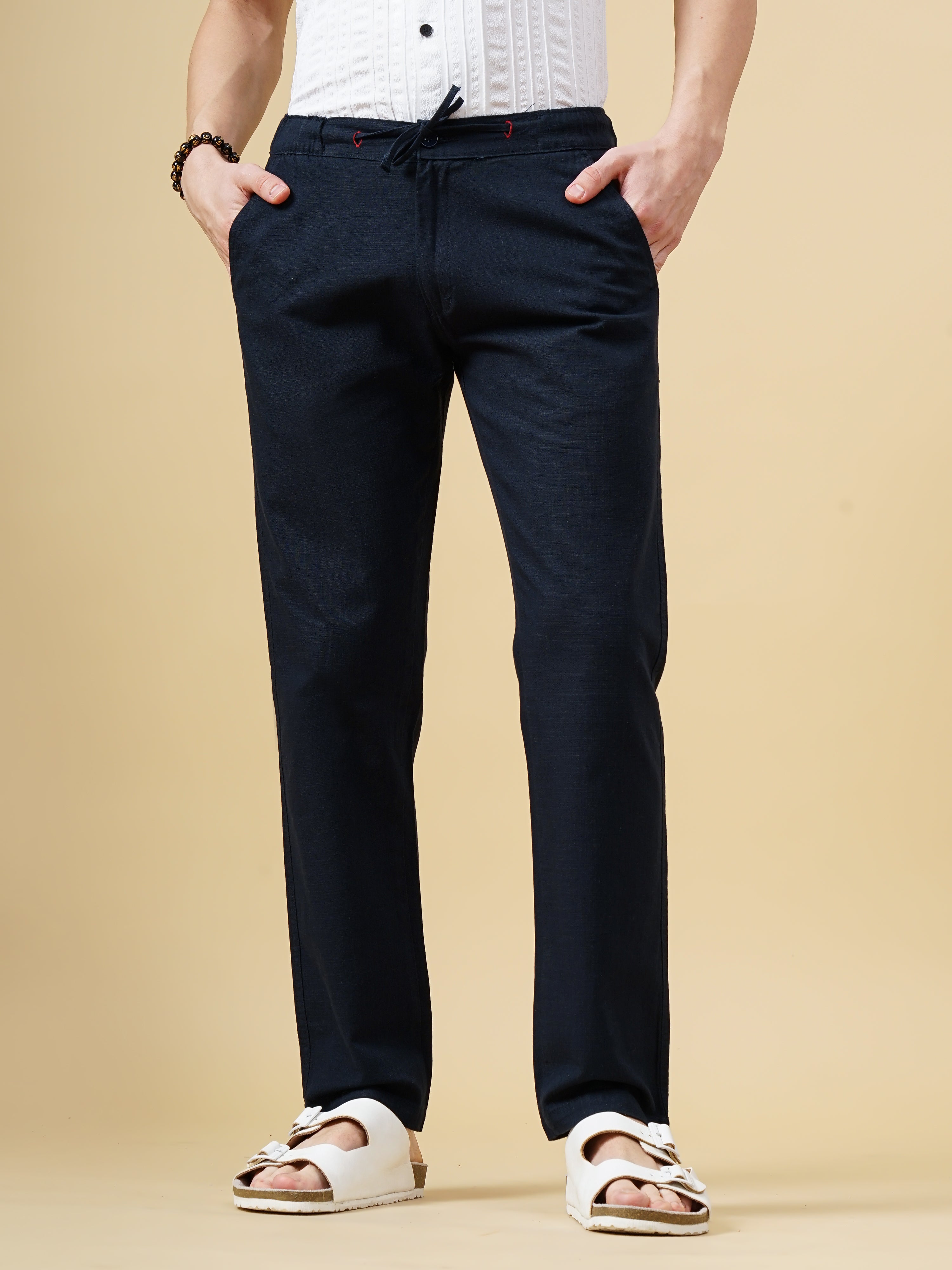 Men Linen Straight Fit Navy Trouser