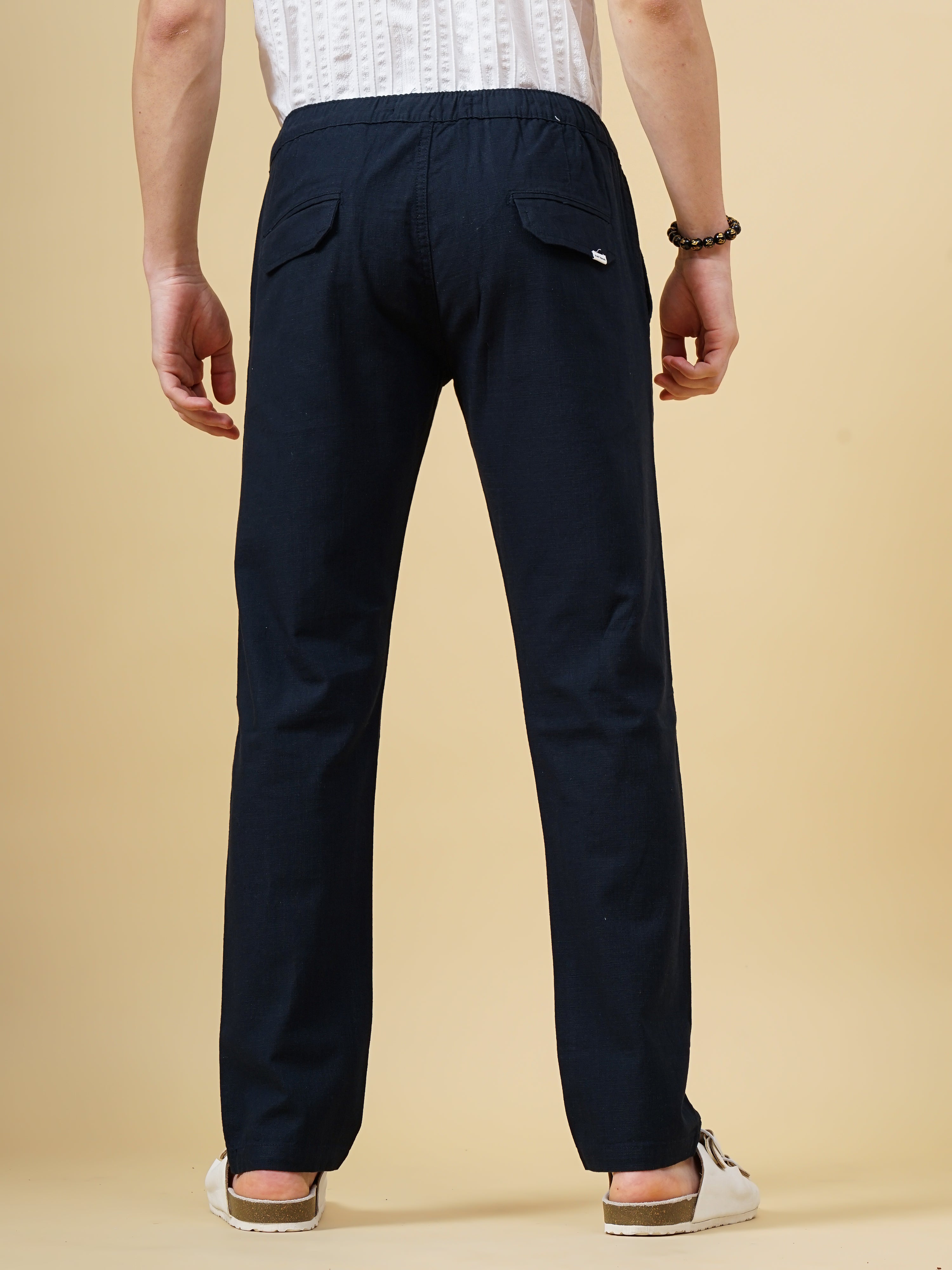 Men Linen Straight Fit Navy Trouser