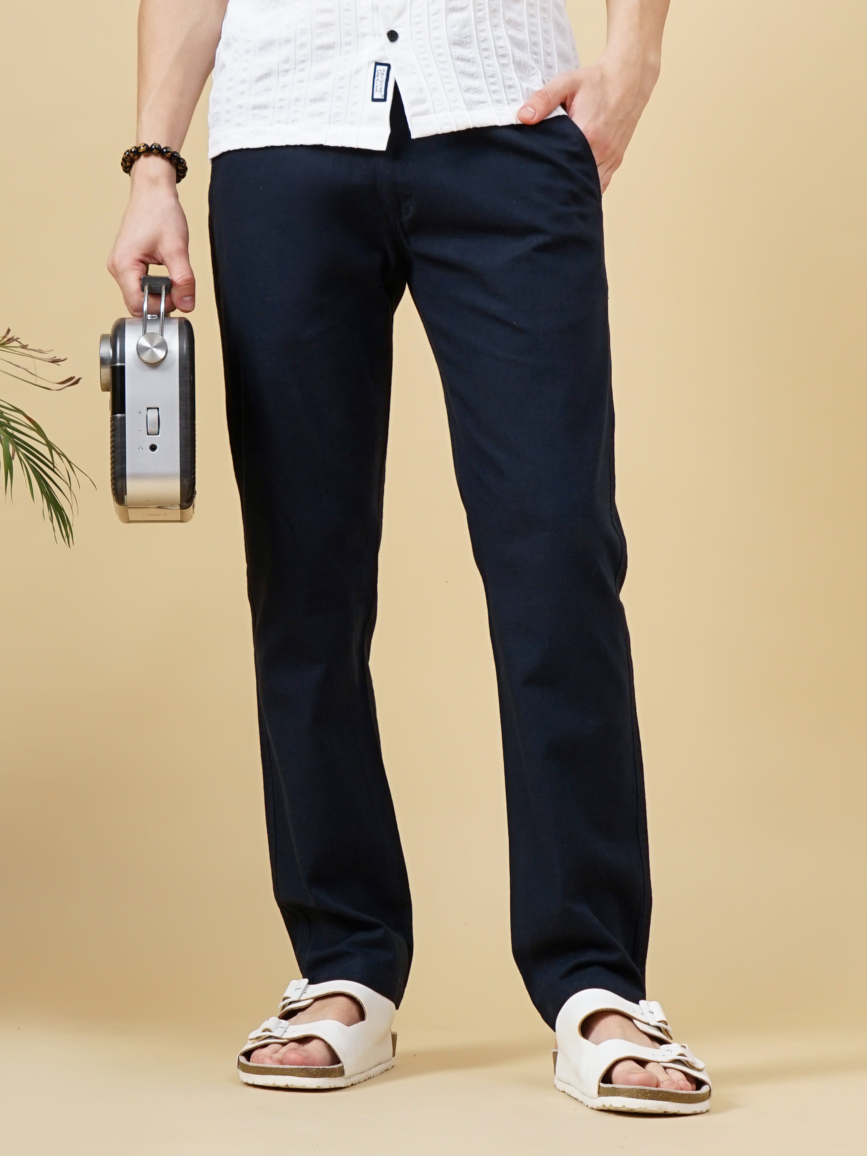Men Linen Straight Fit Navy Trouser