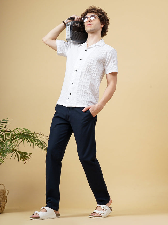 Men Linen Straight Fit Navy Trouser