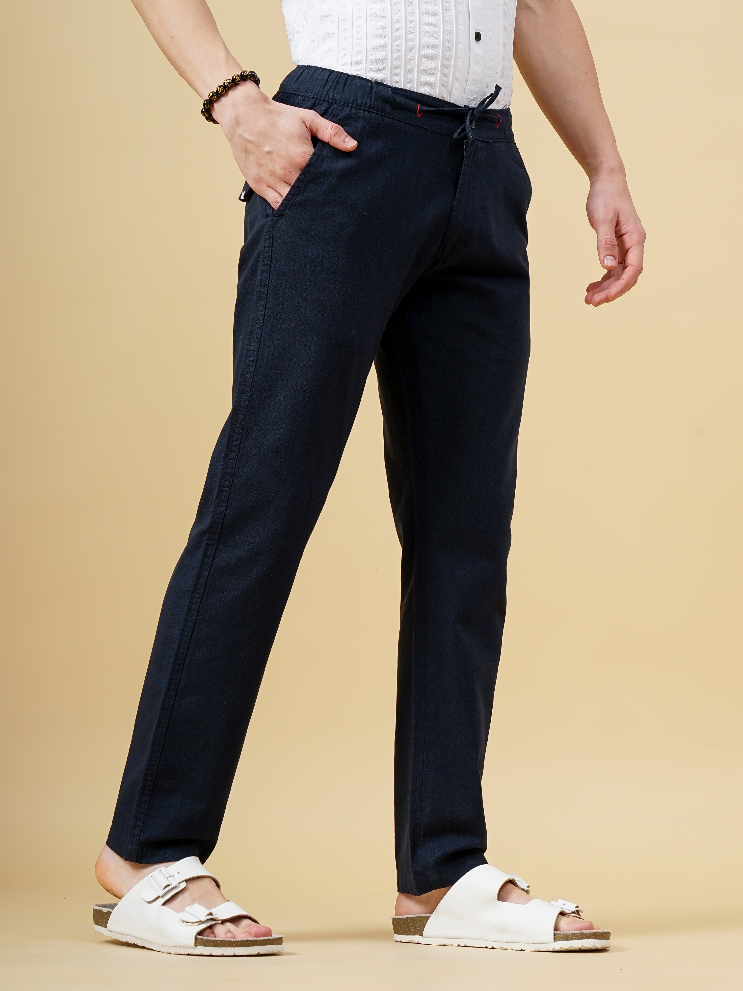 Men Linen Straight Fit Navy Trouser