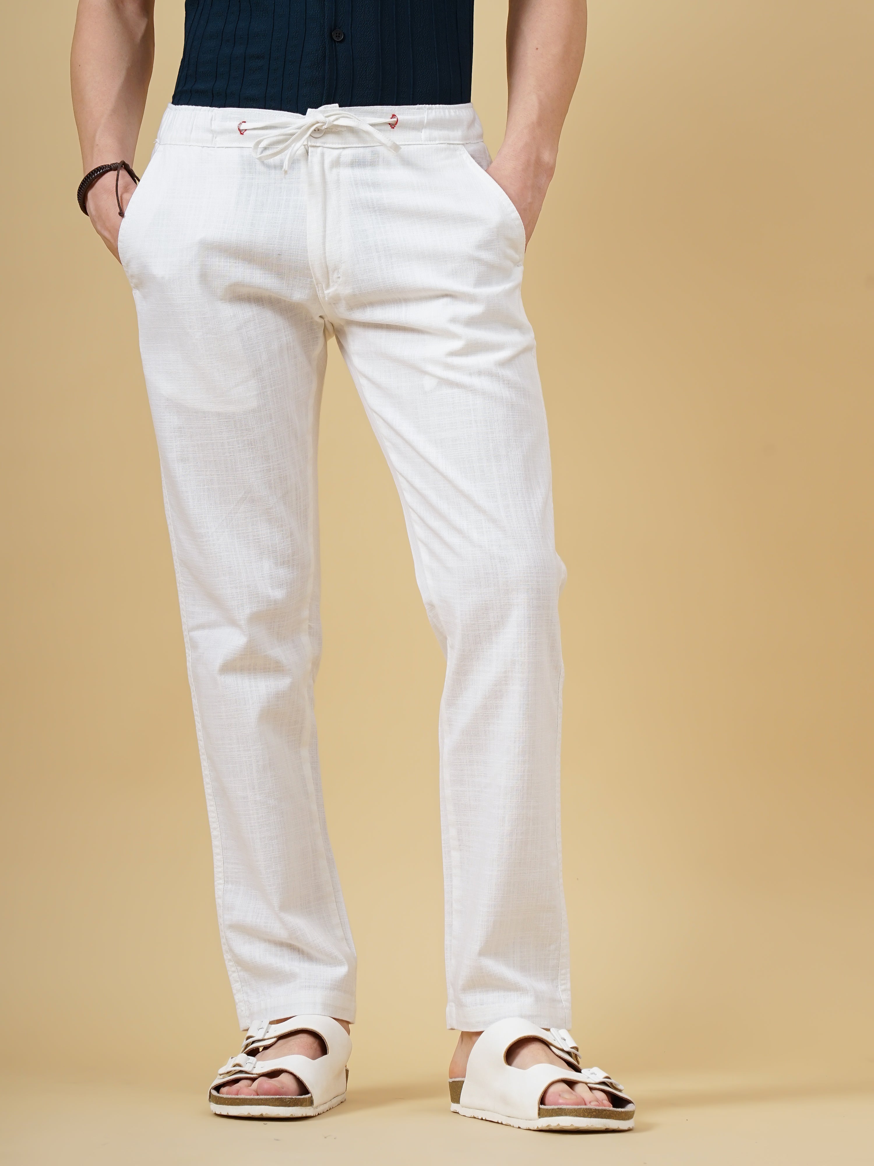 Men Linen Straight Fit White Trouser