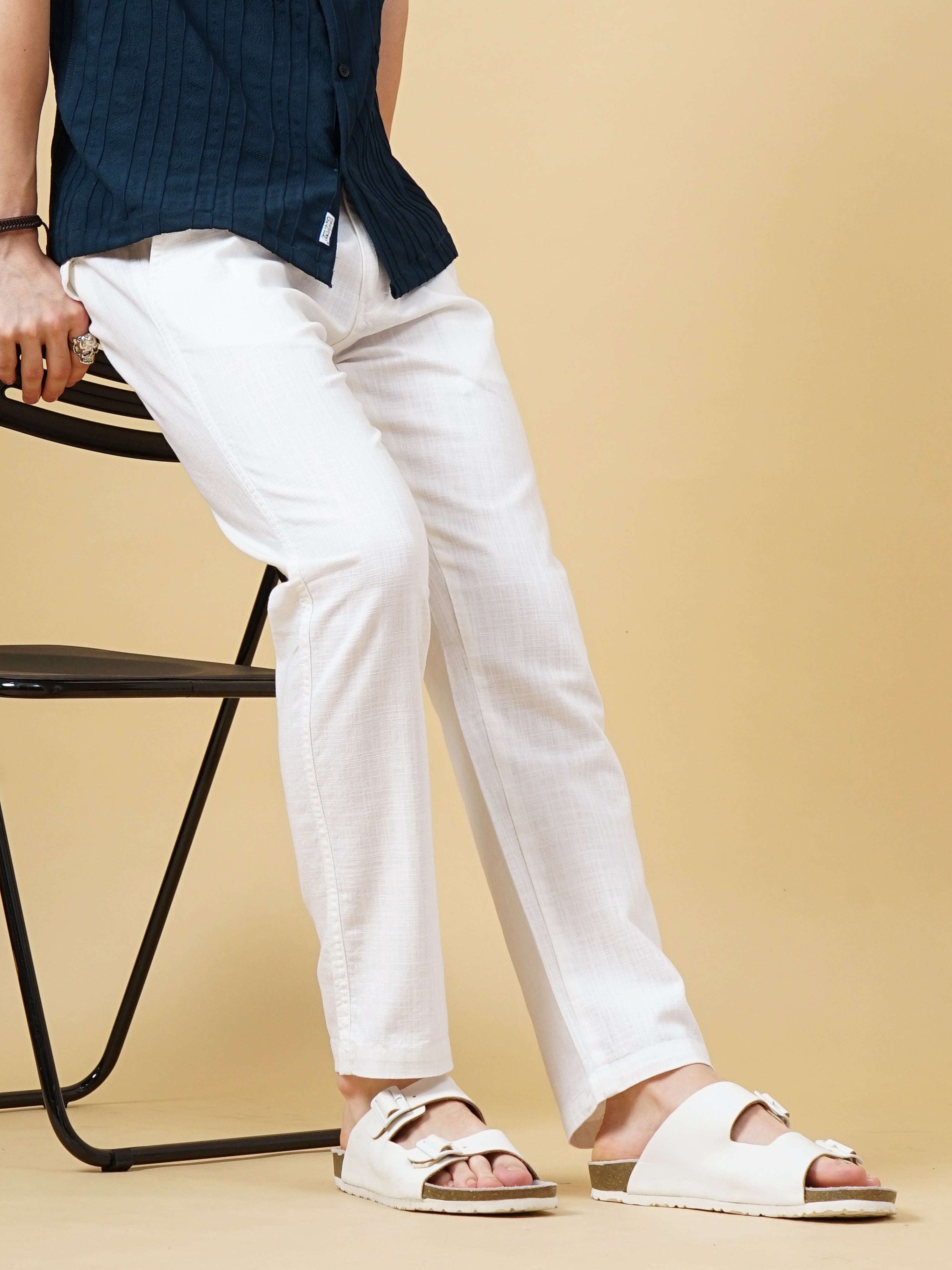 Men Linen Straight Fit White Trouser