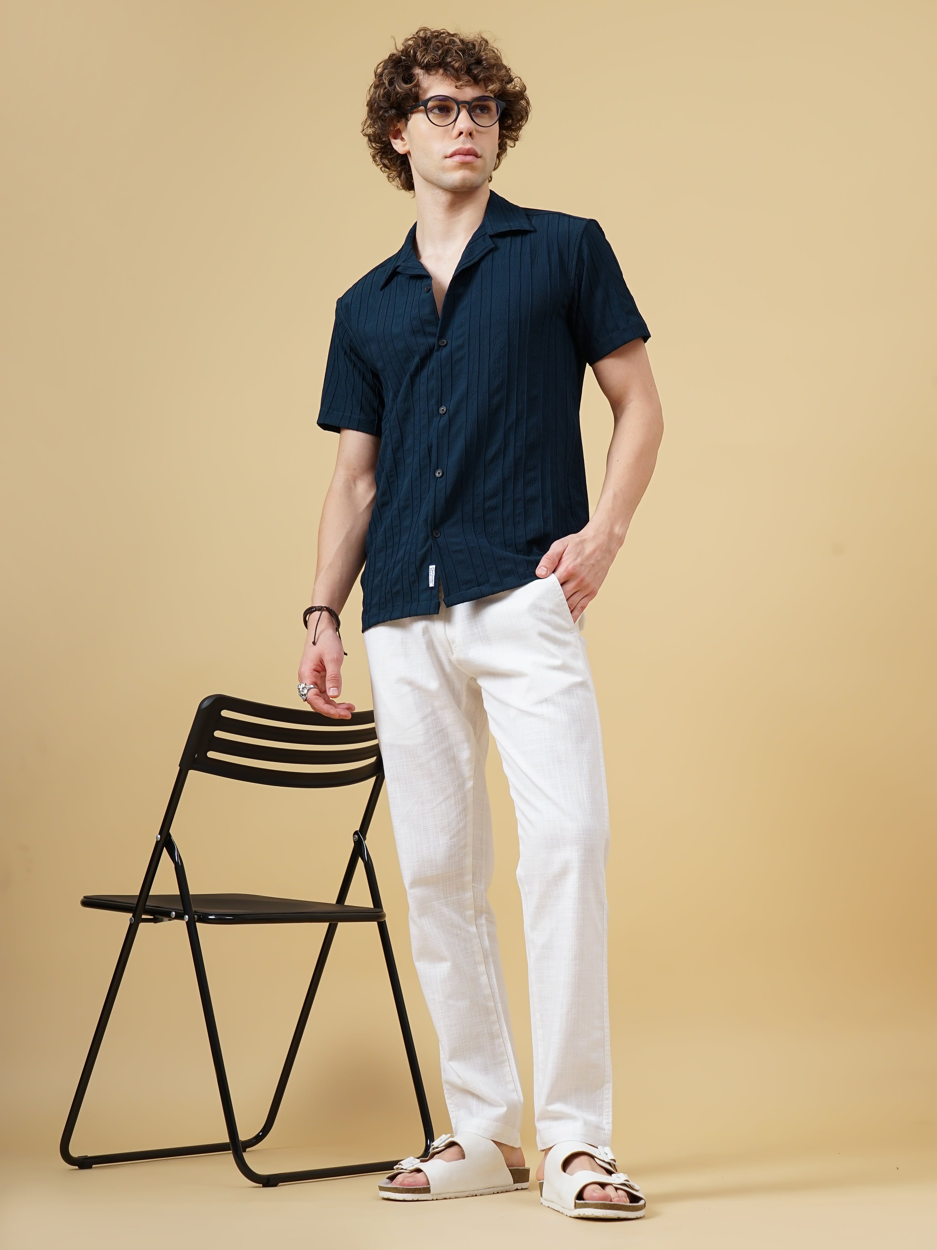 Men Linen Straight Fit White Trouser