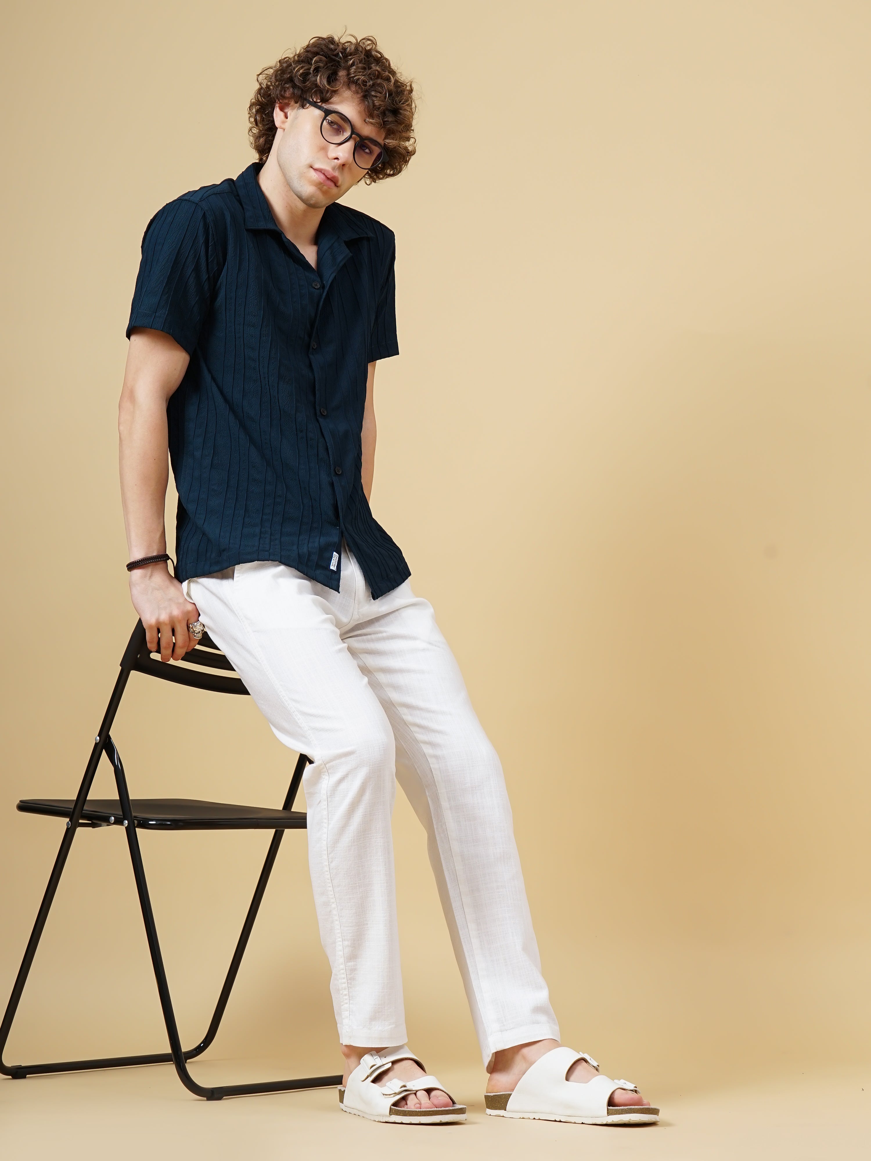 Men Linen Straight Fit White Trouser