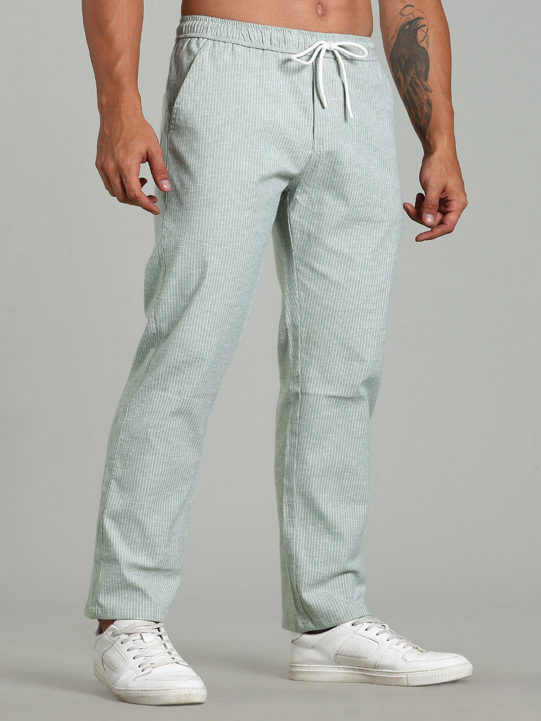 Men Haven Green Striped Linen Pant