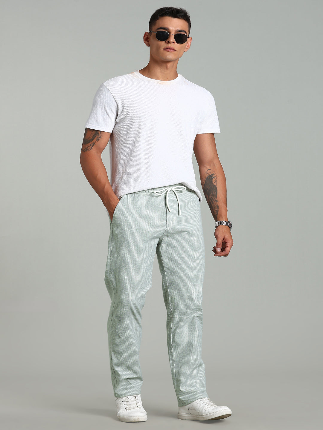 Men Haven Green Striped Linen Pant