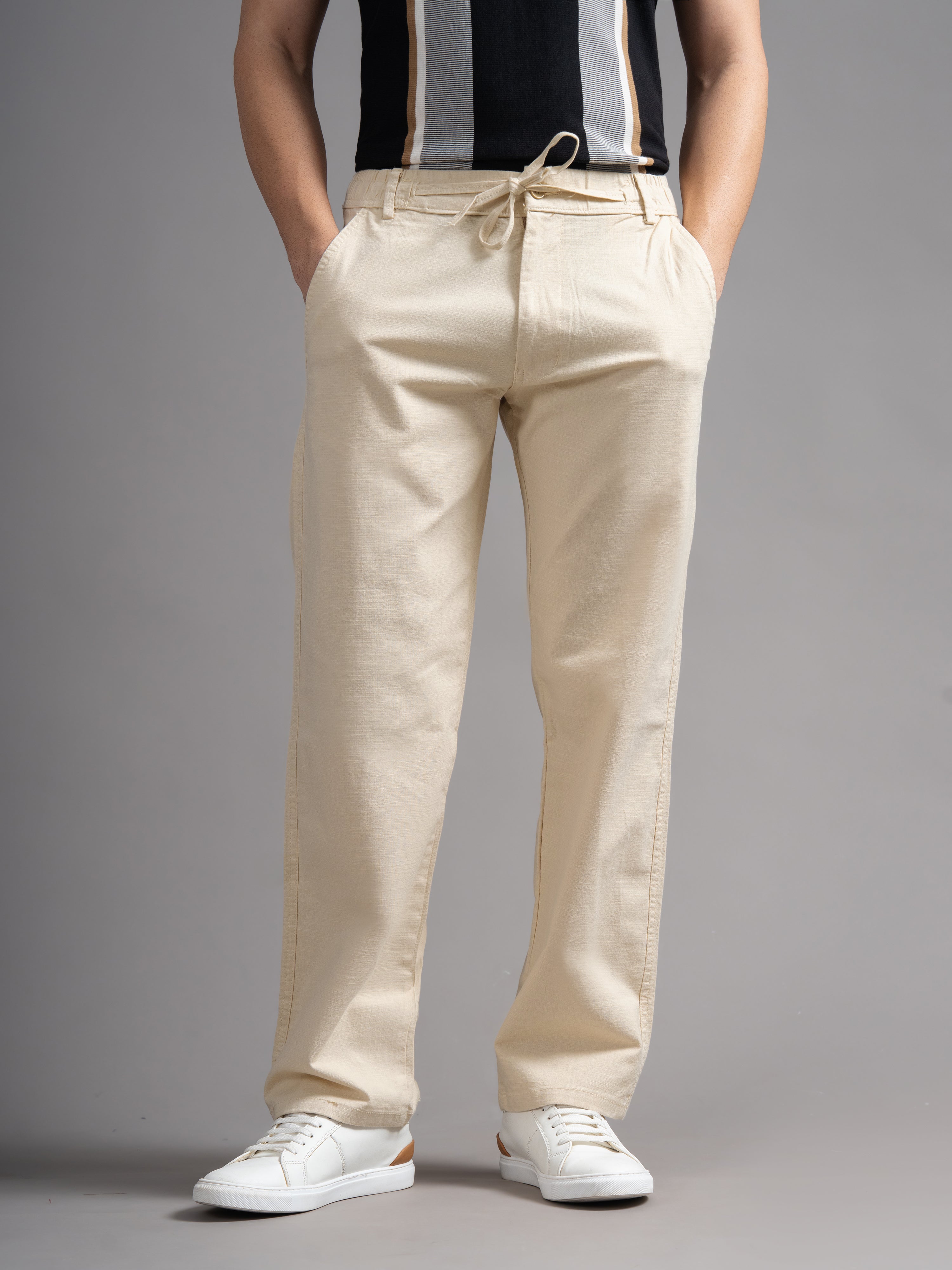 Men Aura Cream Linen Blend Trouser