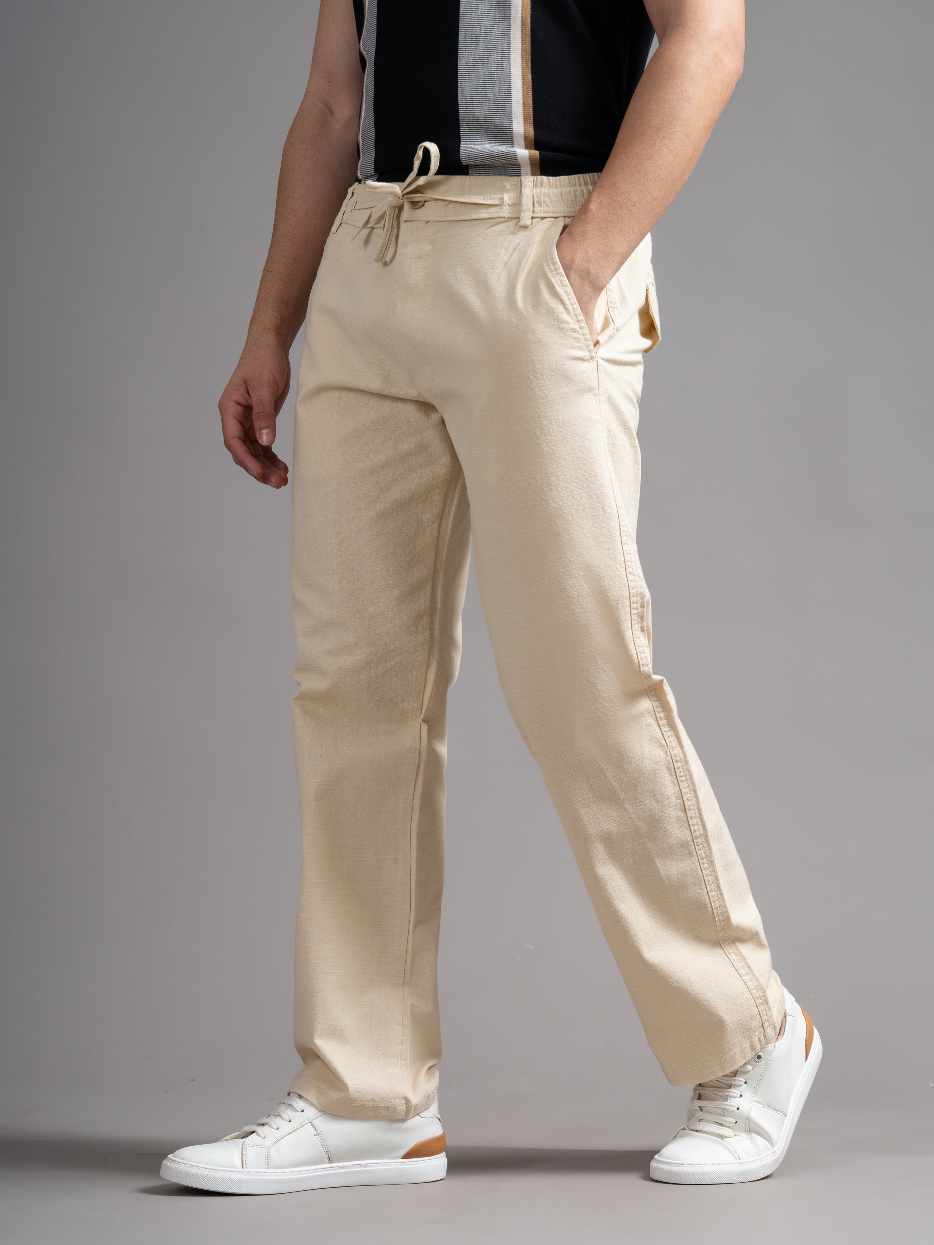 Men Aura Cream Linen Blend Trouser
