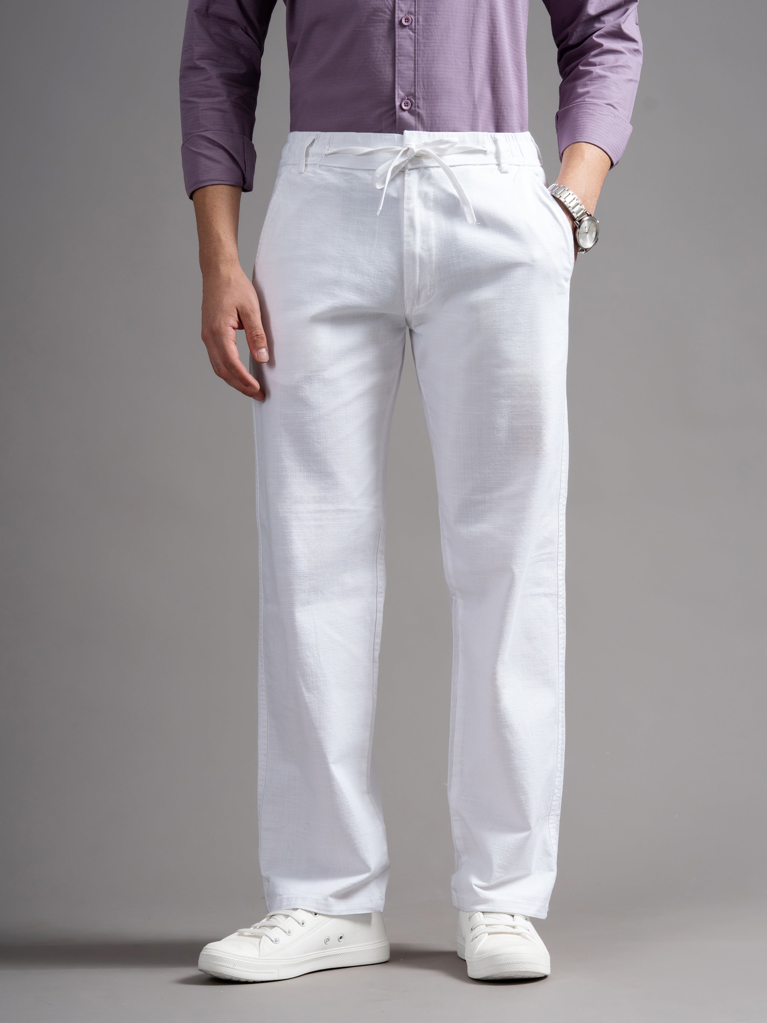 Men Aura White Linen Blend Trouser