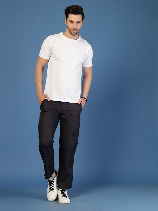 Men Black Twill Solid Cargo