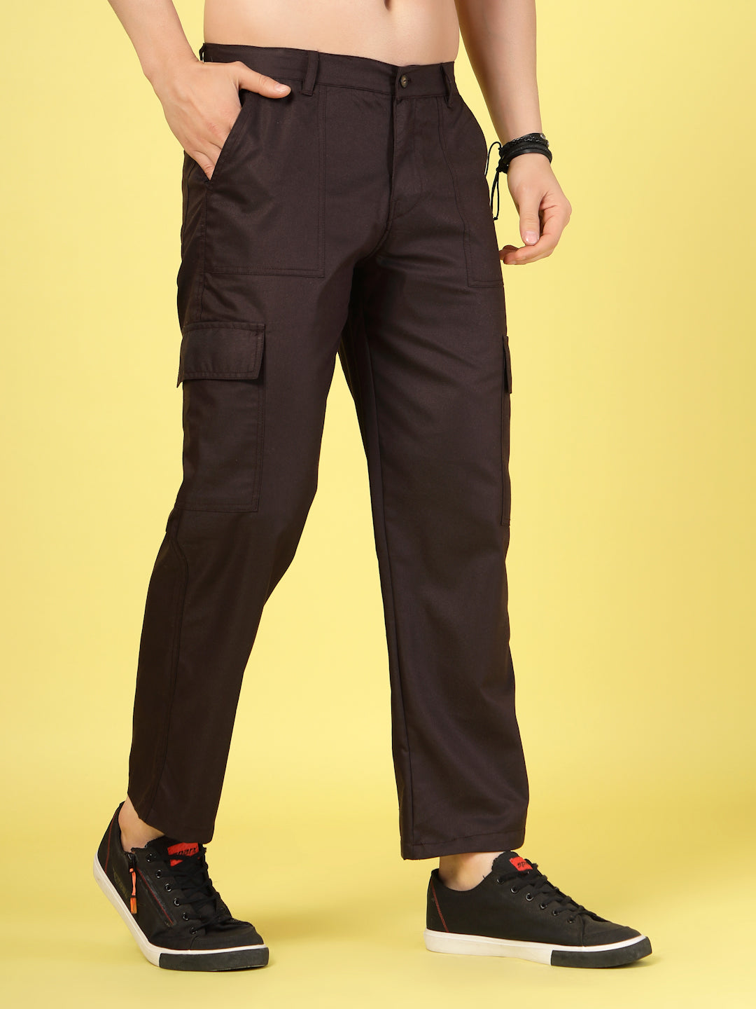 Men Dark Brown Twill Solid Cargo