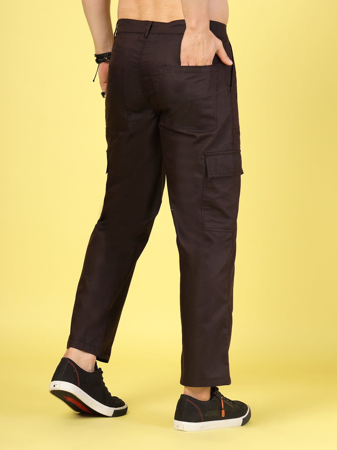 Men Dark Brown Twill Solid Cargo