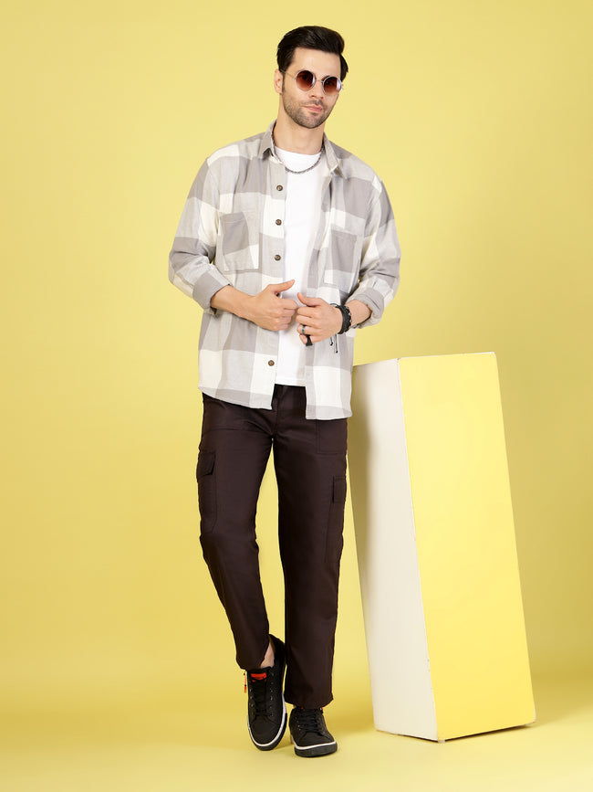 Men Dark Brown Twill Solid Cargo