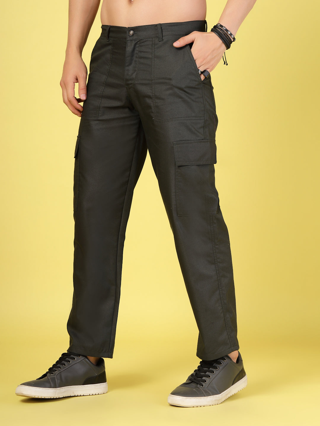 Men Army Green Twill Solid Cargo