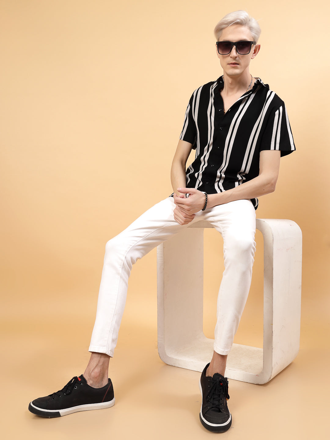 Men Classic Slim Fit Rayon Black Stripes Shirt
