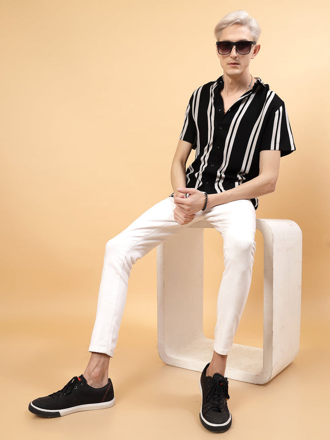 Men Classic Slim Fit Rayon Black Stripes Shirt
